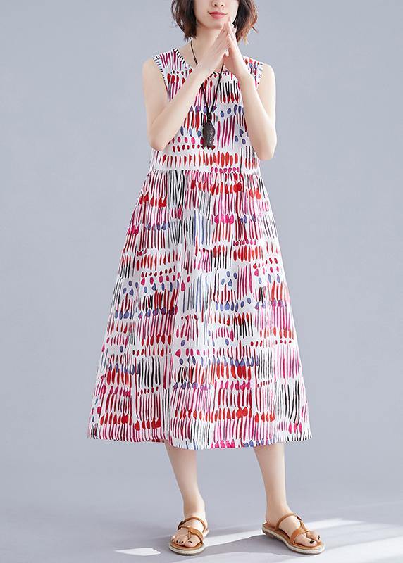 100% red striped Cotton clothes For Women o neck sleeveless Midi Dress - SooLinen