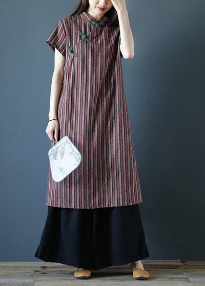 100% striped cotton Tunics stand collar Chinese Button Art Dress - SooLinen