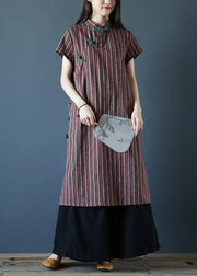 100% striped cotton Tunics stand collar Chinese Button Art Dress - SooLinen