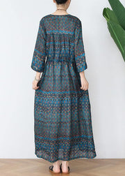 100% v neck drawstring dress pattern green dotted Robe Dress - SooLinen