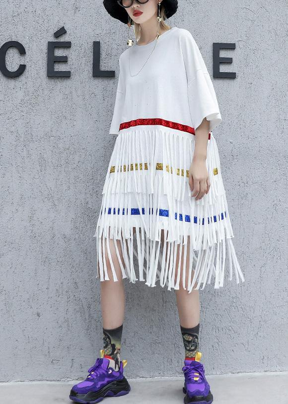 100% white Cotton clothes layered tassel shift summer Dresses - SooLinen