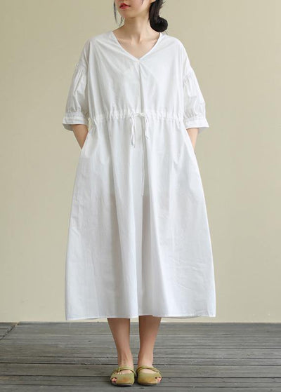 100% white cotton tunic pattern v neck drawstring Maxi Dress - SooLinen