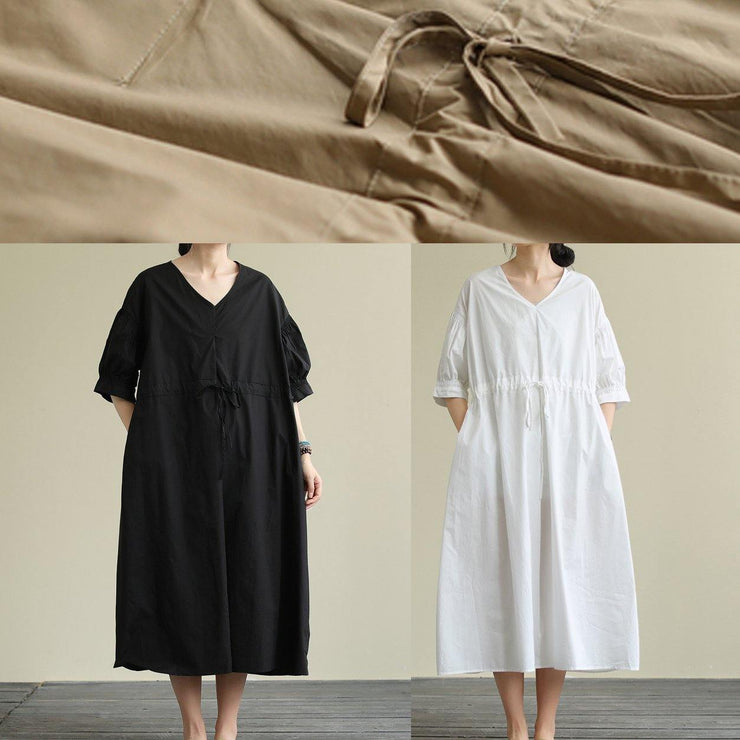 100% white cotton tunic pattern v neck drawstring Maxi Dress - SooLinen