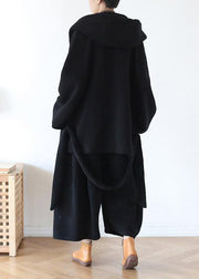 100% wide leg pants stylish black elastic waist trousers - SooLinen