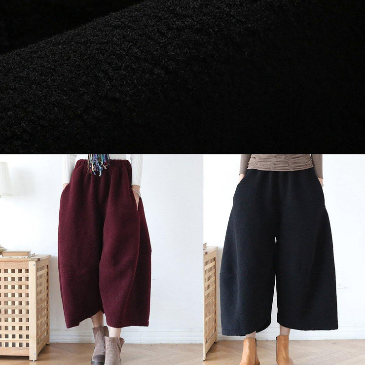 100% wide leg pants stylish black elastic waist trousers - SooLinen