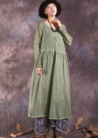 100% Cinched cotton linen outfit design green Dresses summer - SooLinen