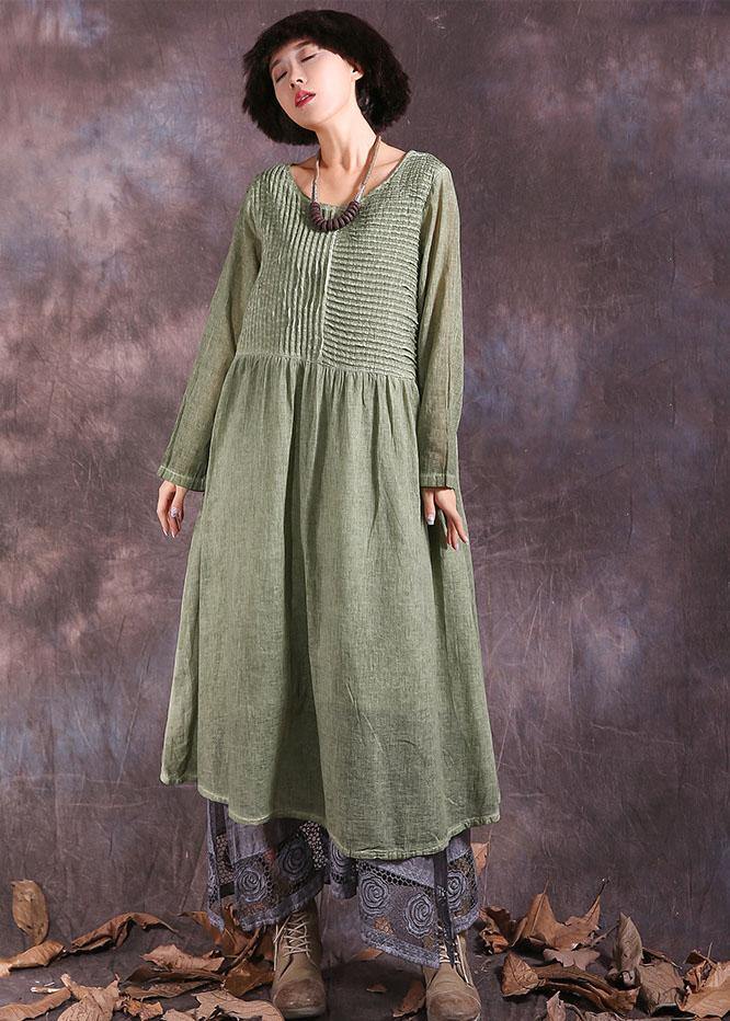 100% Cinched cotton linen outfit design green Dresses summer - SooLinen
