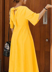 100% yellow cotton linen Long Shirts flare sleeve Bow loose summer Dress - SooLinen