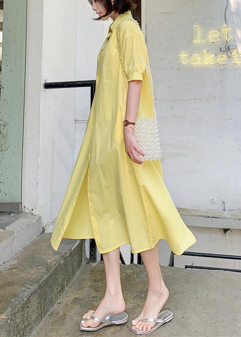 100% yellow lapel collar cotton quilting dresses lapel collar loose Dress - SooLinen