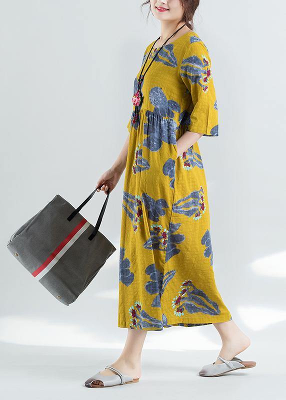 100% yellow prints linen dress Boho Catwalk high waist summer Dresses - SooLinen