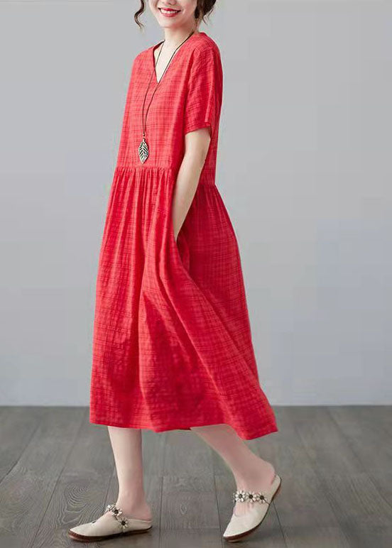 100% o neck short sleeve cotton linen clothes For Women Catwalk burgundy plaid Dress