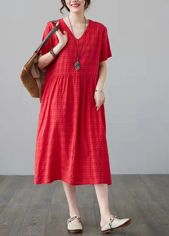 100% o neck short sleeve cotton linen clothes For Women Catwalk burgundy plaid Dress