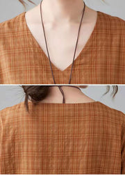 100 % Kurzarm-Baumwoll-Leinen-Kleidung mit O-Ausschnitt für Laufsteg-Burgunder-Karokleid für Damen