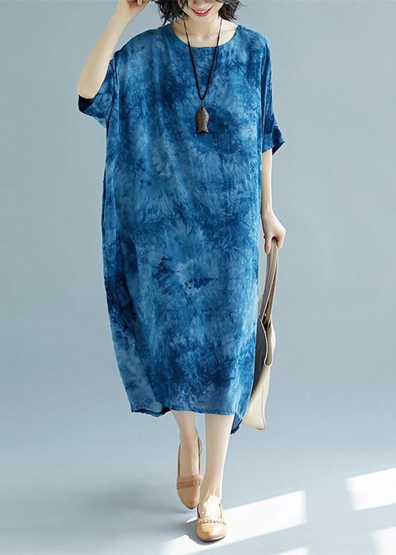 2019 blue long linen dress plus size O neck floral linen clothing dresses casual short sleeve baggy dresses linen caftans - SooLinen