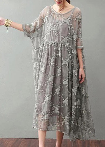 Vintage Gray Maxi Dress Trendy Plus Size Lace Gown Top Quality Bracelet Sleeved Gown ( Limited Stock)