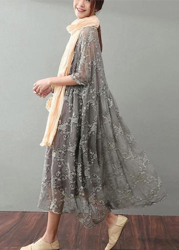 Vintage Gray Maxi Dress Trendy Plus Size Lace Gown Top Quality Bracelet Sleeved Gown ( Limited Stock)