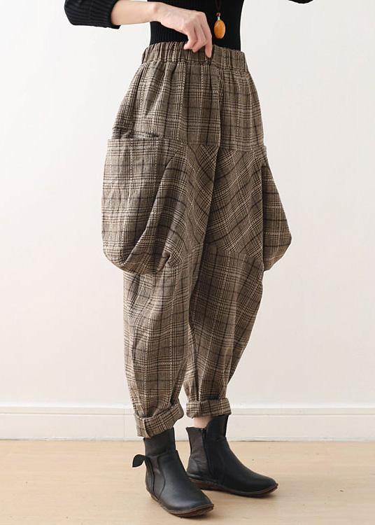 19 original design literary loose knitted brown plaid harem pants - SooLinen