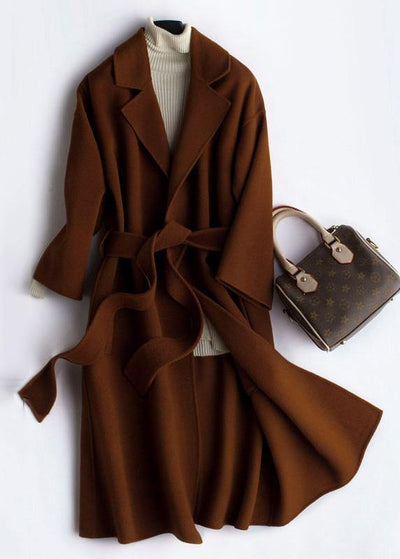 Luxury Oversize Trench Coat  Coat Brown Notched Tie Waist Woolen Coat Women - SooLinen