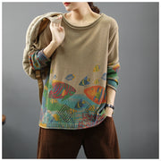 Women 2024 Vintage Prints Loose Sweater Casual Spring Tops