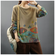 Women 2024 Vintage Prints Loose Sweater Casual Spring Tops