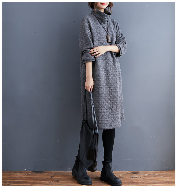 Neue übergroße Baumwollkleidung Kleider Vintage Langarm Rollkragen Taschen Freizeitkleid