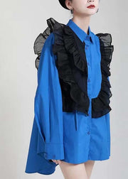 2021 Royal Blue Ruffles Asymmetrical Shirt Dress-Limited Stock