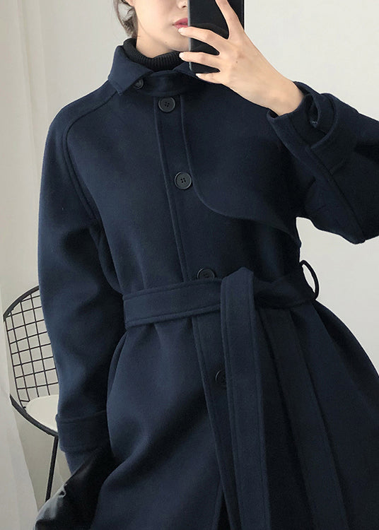 Fashion Loose Fitting Trench Coat Spring Navy Tie Waist Wool Coat