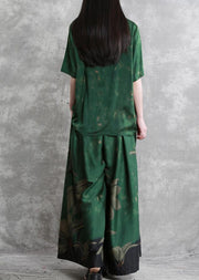 20 summer retro suit female green V-neck five-point sleeve shirt + big swing skirt pants - SooLinen