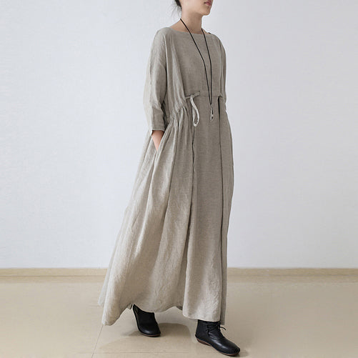 2021 autumn Nude natural linen caftans plus size linen dresses drawstring waist design flattering dress