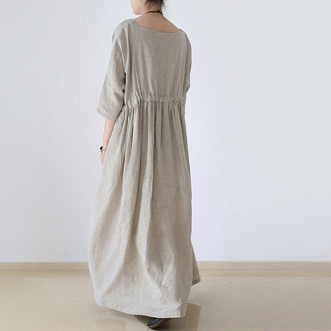 2021 autumn Nude natural linen caftans plus size linen dresses drawstring waist design flattering dress