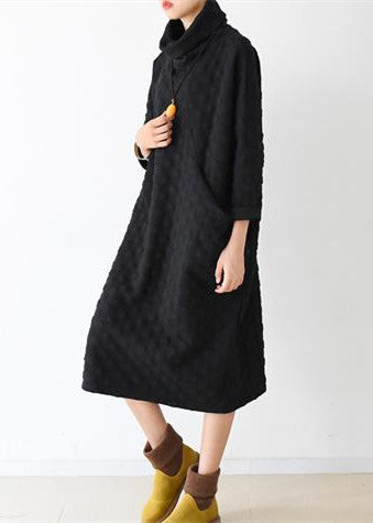 2024 autumn black cotton dresses long sleeve warm winter dress high neck caftans