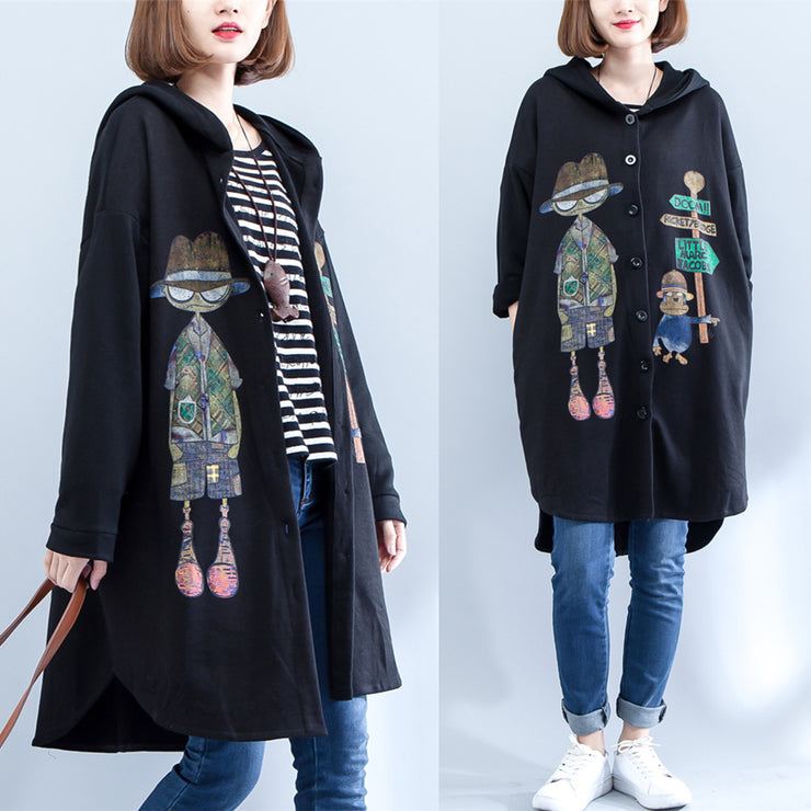 2024 autumn black print cotton coats plus size low high hooded trench coats