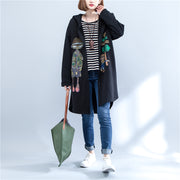 2024 autumn black print cotton coats plus size low high hooded trench coats