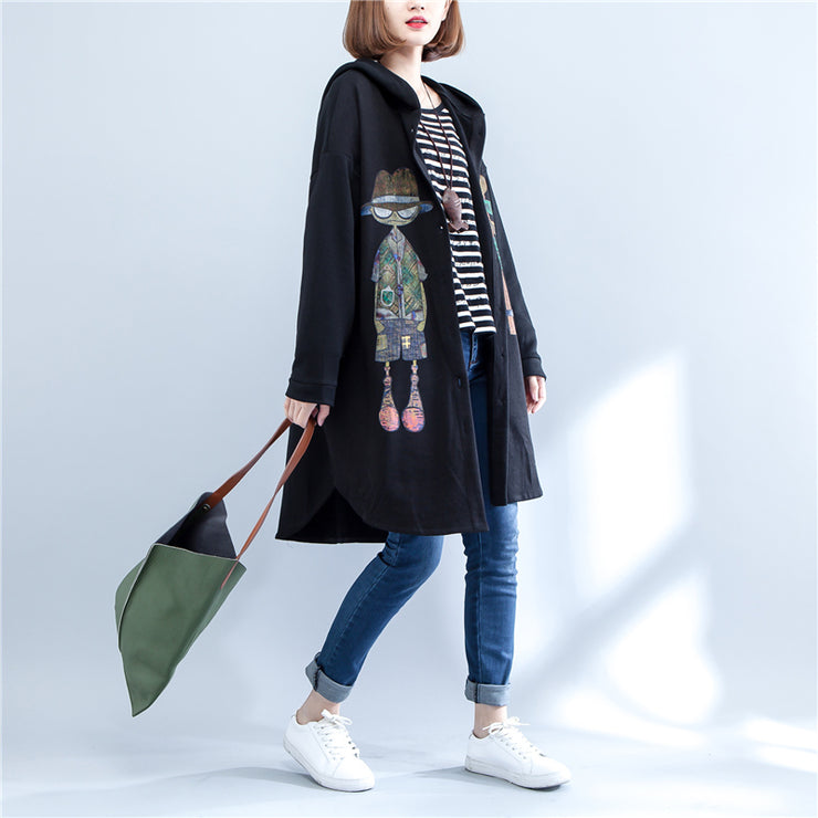 2021 autumn black print cotton coats plus size low high hooded trench coats