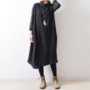 2024 autumn black shoulder zipper linen dresses cotton patchwork caftans  plus size gowns