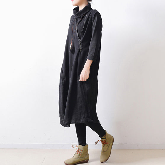 2021 autumn black shoulder zipper linen dresses cotton patchwork caftans  plus size gowns