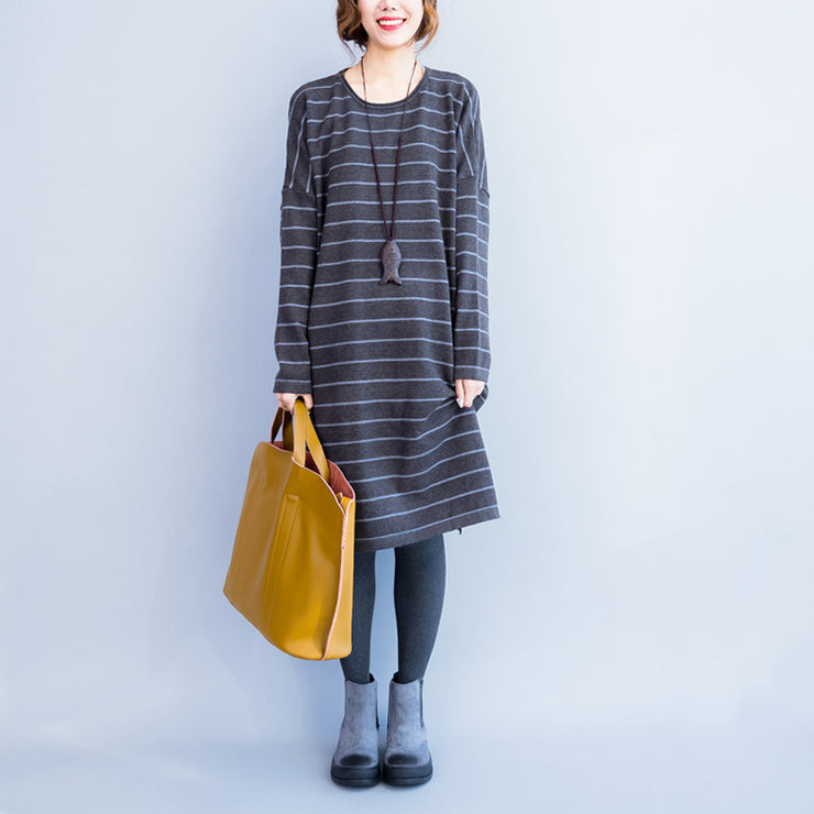 2024 autumn gray casual knit dresses plus size striped sweater dress