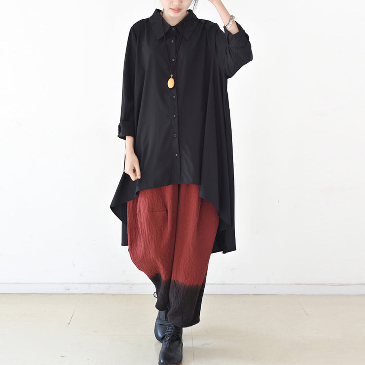 2021 autumn thin black cotton shirts asymmetrical design low high blouses oversized cotton tops