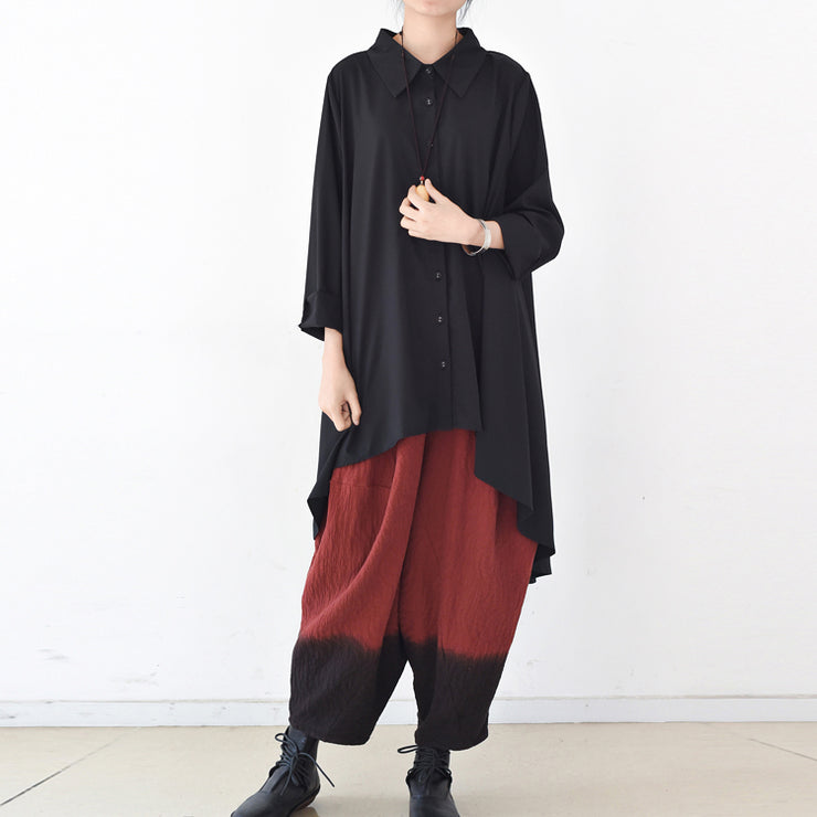 2024 autumn thin black cotton shirts asymmetrical design low high blouses oversized cotton tops