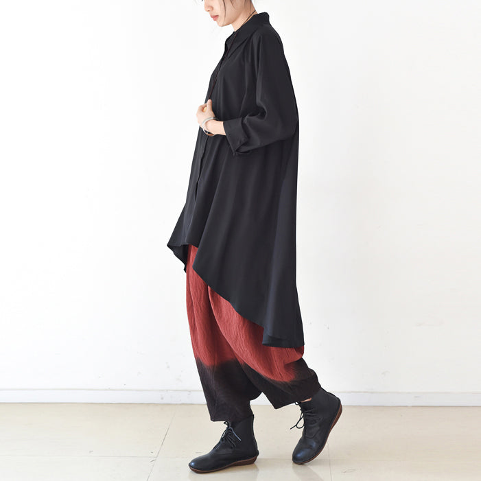 2021 autumn thin black cotton shirts asymmetrical design low high blouses oversized cotton tops
