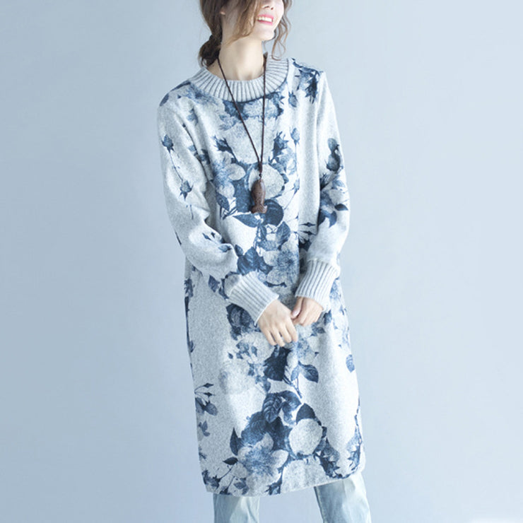 2021 Herbst Winter grau bedruckte Wollstrickkleider plus Größe passen Pullover Kleid Seite offen