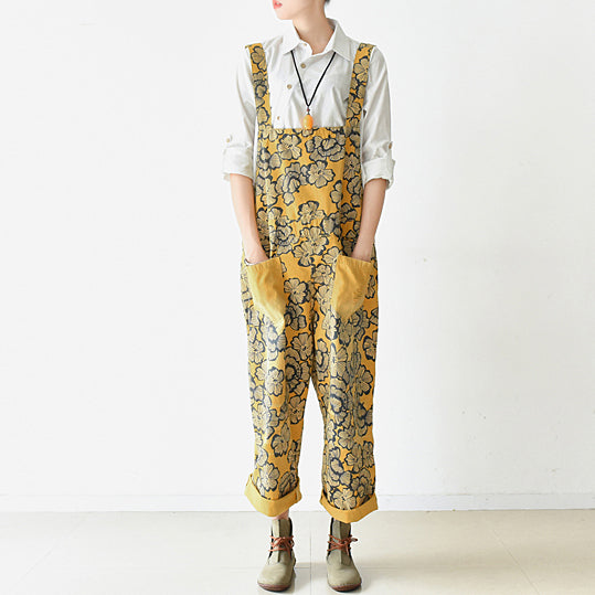 2024 autumn yellow print jumpsuits cotton pants oversize casual fall outfits