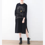2024 black cotton knee dress oversized traveling dress boutique side open striped cotton dresses