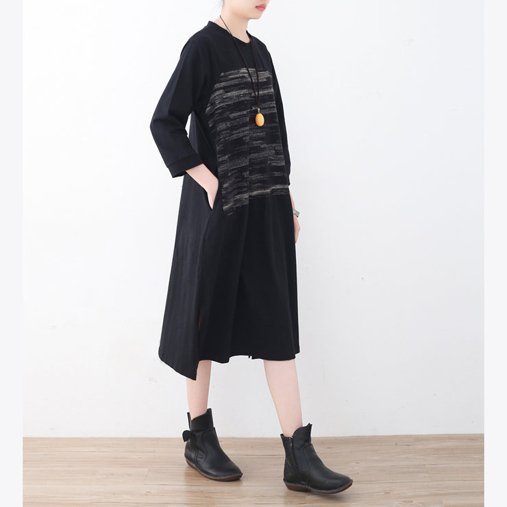 2021 schwarzes Kniekleid aus Baumwolle, übergroßes Reisekleid, seitlich offene, gestreifte Baumwollkleider