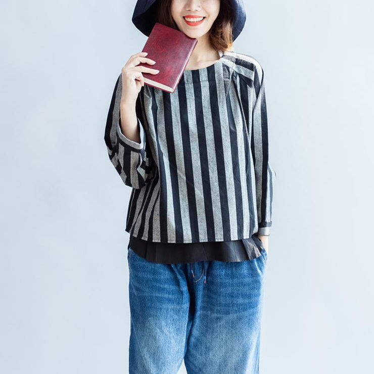 2021 black gray striped linen tops plus size linen casual long sleeve t shirts