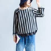 2024 black gray striped linen tops plus size linen casual long sleeve t shirts