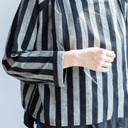 2024 black gray striped linen tops plus size linen casual long sleeve t shirts