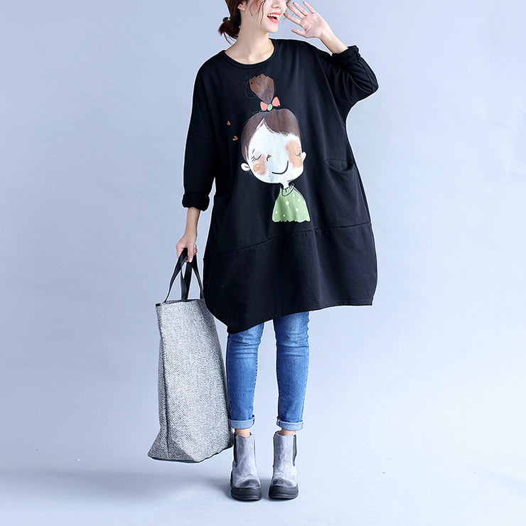 2021 Freizeitkleider aus schwarzer Baumwolle mit Übergröße und großen Taschen