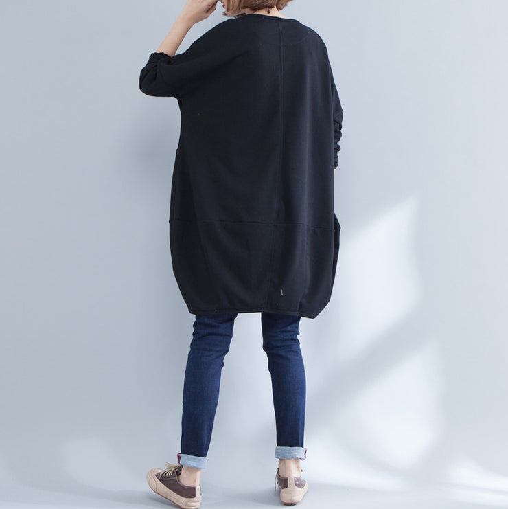 2021 schwarzes, warmes Freizeitkleid aus Baumwolle mit Tierdruck plus Größe, langärmliges Pulloverkleid