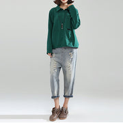 2021 blackish green cotton casual tops baggy loose patchwork shirt tops